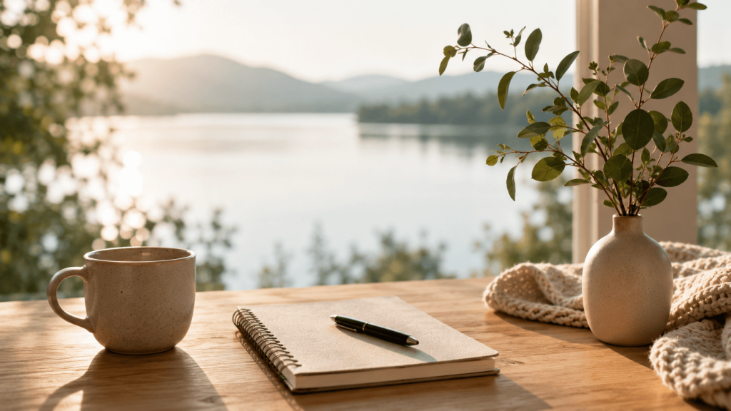 a journal on a table overlooking a lake
