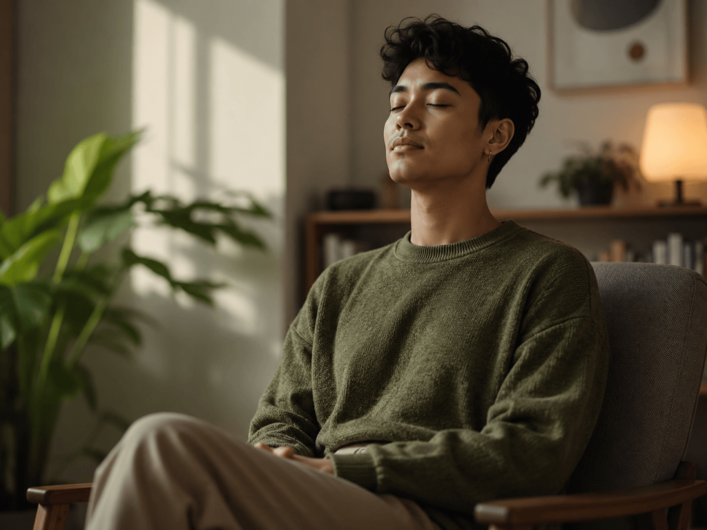 man sitting quietly in contemplation on a couch
