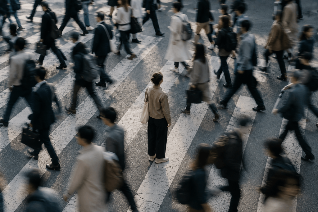 woman pausing in a busy intersection