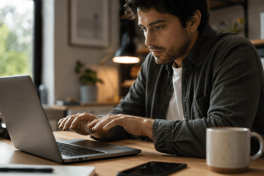 man sitting at his computer with hands paused over the keyboard