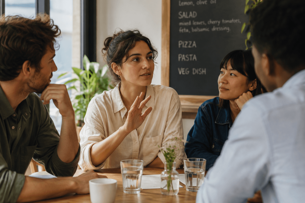 people sitting in a group. one person raising a hand to speak
